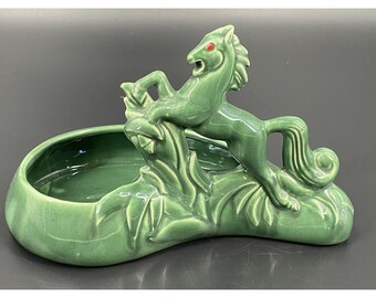 Vintage Beauceware 551 MCM Horse Dish Green Ceramic Red Eyes Canada
