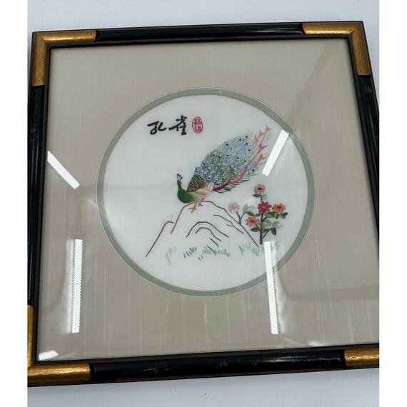 ヴィンテージ 刺繍シルク アジアン クルーエル ステッチ 孔雀の花 額 
