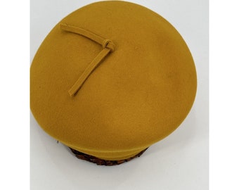 Jack Mconnell Boutique Yellow 100% Wool Beret Hat Brown Feather Trim USA Vintage Jack Mconnell Boutique Yellow 100% Wool Beret Hat Brown  main image 3