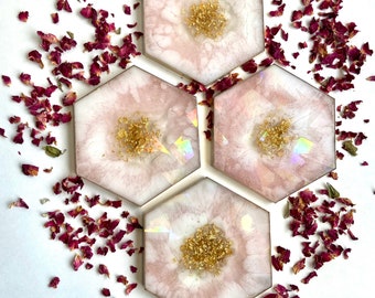 Holographic coasters, epoxy coasters, luxury coasters, clouds, gold, pink, hexagon coasters, resin art.