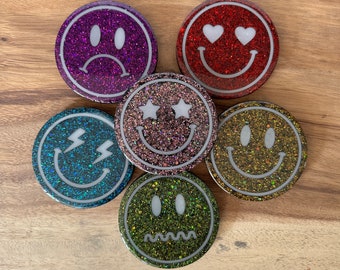 Smiley glitter coasters, epoxy coasters, luxury rainbow coasters, round coasters, resin art.