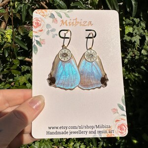 Morpho Sulkowskyi, moon, blue, butterfly wing earrings, epoxy earrings, real butterfly wings, stainless steel, statement earrings.