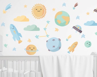 Nursery Wall Decals, Baby Room Decals: 2 colors for BOY &GIRL, Outer Space Wall Decal, Spaceship Rocket Wall Decal, Kids Room Wall Stickers