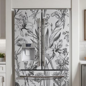 Refrigerator vinyl wrap. Refrigerator cover retro floral gray pattern. Removable Fridge decal for Side-by-Side, French Door, etc.