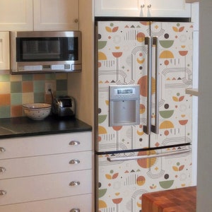 Fridge Decal geometric style for beige or green kitchen décor. Fridge Wrap for Mini, Side-by-Side, French door, Top Freezer Refrigerators.