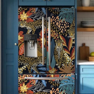 Vibrant Fridge wrap jungle theme with leopards. Fridge decal jungle leaves & safari animal leopard for  Side-by-Side, French Door, etc.