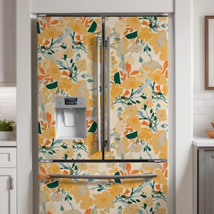 Fridge cover. Refrigerator Wrap Decal - Yellow Floral Design for Fridge Doors. Removable Fridge decal for Side-by-Side, French Doors.