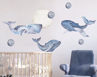 Ocean Wall Decal Nursery. Under the Sea Wall Sticker. Watercolor Whale Decal. Baby Nursery Wall Decal. Gender Neutral kids room Nautical Art