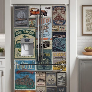 Refrigerator Wrap. Classic Vintage Fridge Vinyl Decal Retro Transport. Custom size. Father’s Day Gift - Vintage Fridge Cover for Man Cave.