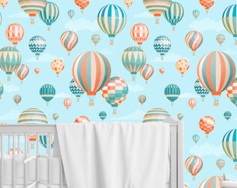 hot air balloon wallpaper nursery, hot air balloon mural, hot air balloon nursery, removable wallpapers, peel and stick wallpapers, toddlers