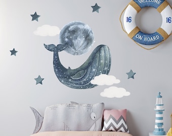 Whale Vinyl Decal. Space Whale, Whale Wall decal, Whale decor, navy blue nursery whale, whale wall sticker watercolor whale, moon decal