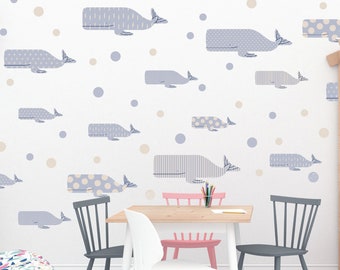 Whale wall decal, Geometric pattern whales decals, under the sea nursery, playroom wall decal, nautical nursery decal, ocean wall decal