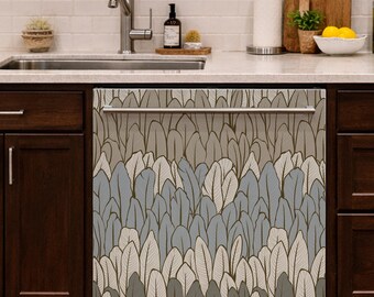 May include: A dishwasher front panel featuring a repeating pattern of stylised, vertical leaves in shades of muted blue, beige, and dark grey. The design covers the entire front surface, including the horizontal metal handle at the top.