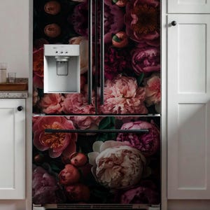 Refrigerator Decal. Removable Fridge Wrap. Fridge Cover. Elegant Peony Design for Kitchen Appliances. Kitchen Decor Fridge Sticker.