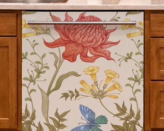 May include: A dishwasher cover featuring a cream background with a large red flower, clusters of yellow trumpet-shaped flowers, green leafy vines, and a blue and green butterfly. The design includes a horizontal silver handle across the top.
