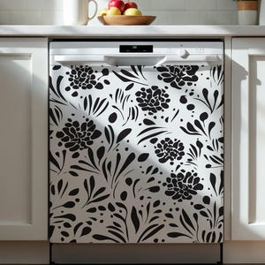 Dishwasher door safe cover. Appliance cover with Black and White Floral pattern. Dishwasher magnetic cover. Dishwasher vinyl decal.