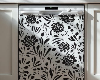 Dishwasher door safe cover. Appliance cover with Black and White Floral pattern. Dishwasher magnetic cover. Dishwasher vinyl decal.