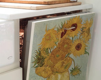 May include: A white dishwasher with a sunflower painting on the front door. The painting is a reproduction of Vincent van Gogh's "Sunflowers".