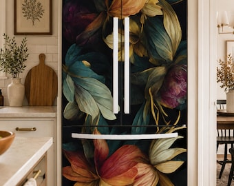 Fridge Wrap. Refrigerator Decal. Dark Floral Appliance Wrap.