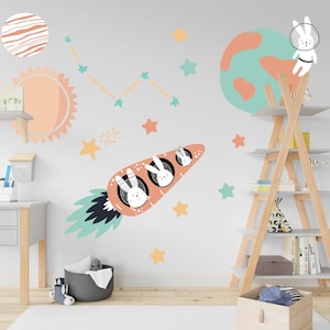 Nursery Wall Decals, Spaceship Rocket Wall Decal, Space Decor, Outer Space Decor, Space Wall Decals, Rabbit Baby Room Wall Decor, Bunny  Art