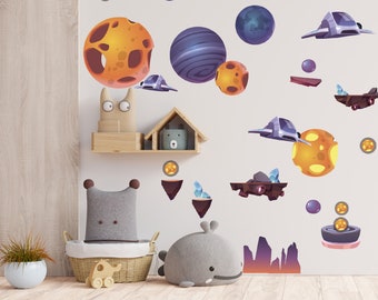 Alien Wall Decal, Space Wall Decal, Outer Space Wall Decal, Toddler Kid Room Decal, Wall Decal Baby Boy Room, Distant Galaxy Spaceship Decal