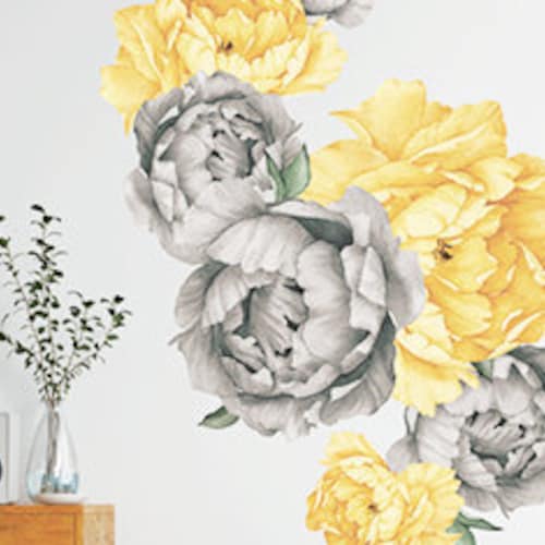 Large Grey and Yellow Flower Wall Decals Peony Wall Decals Etsy