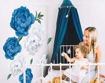 Navy and White Peony Floral Wall Decals, Peel & Stick Nursery Decor