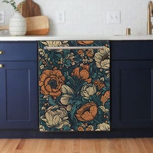 Dishwasher magnetic cover with floral pattern on the dark background.