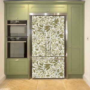 Fridge removable decals botanical themed. Refrigerator Vinyl Wrap olive colors. Removable Fridge skin for  Side-by-Side, French Door, etc.