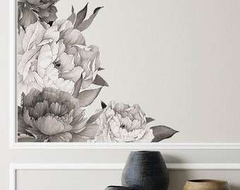 Peony Floral Wall Decals, Peony Flowers Wall Decals, Floral Wall Decal, Peony Wall Stickers, Grey Flower Wall Decals, Floral Wall Decals
