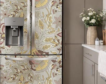 Fridge Wrap William Morris Style. Beige Tones Vintage Floral Refrigerator Decal. Custom Size Appliance Cover.
