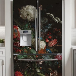 Refrigerator wrap. Fridge vinyl decal. Fridge door cover. Custom size. Removable Fridge skin for  Side-by-Side, French Door, etc.