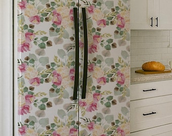 Fridge Wrap Watercolor Roses. Farmhouse kitchen decor.