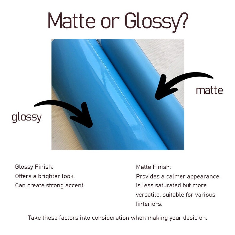 May include: Two swatches of blue paper, one glossy and one matte. The glossy swatch reflects light and has a brighter appearance. The matte swatch has a calmer appearance and is less saturated. The text "Matte or Glossy?" is at the top of the image. The text "glossy" is on the left and the text "matte" is on the right.