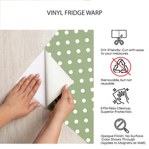 May include: A green and white polka dot vinyl fridge wrap. The wrap is removable but not reusable. It is easy to cut to size and provides superior protection for your fridge.