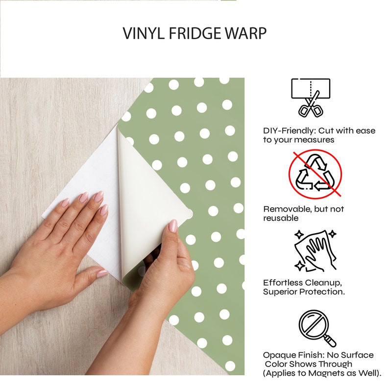 May include: A green and white polka dot vinyl fridge wrap. The wrap is removable but not reusable. It is easy to cut to size and provides superior protection for your fridge.