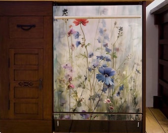May include: A dishwasher door with a floral design featuring blue, pink, and red flowers on a white background.