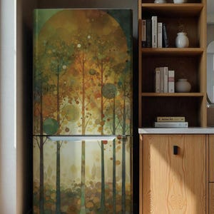 Fridge Door Cover. Refrigerator Wallpaper. Custom Sizes Fridge Decal. Forest Modern Art Style for Side-by-Side, French Doors, etc.