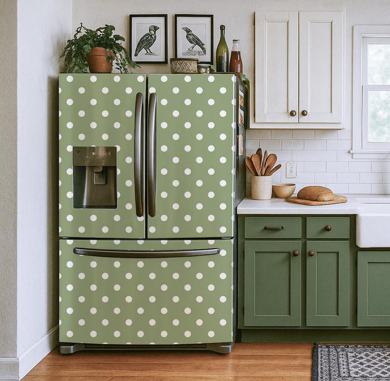 Refrigerator Vinyl Decal. Removable fridge wrap. Green kitchen decor polka dots . Fridge stickers. image 2