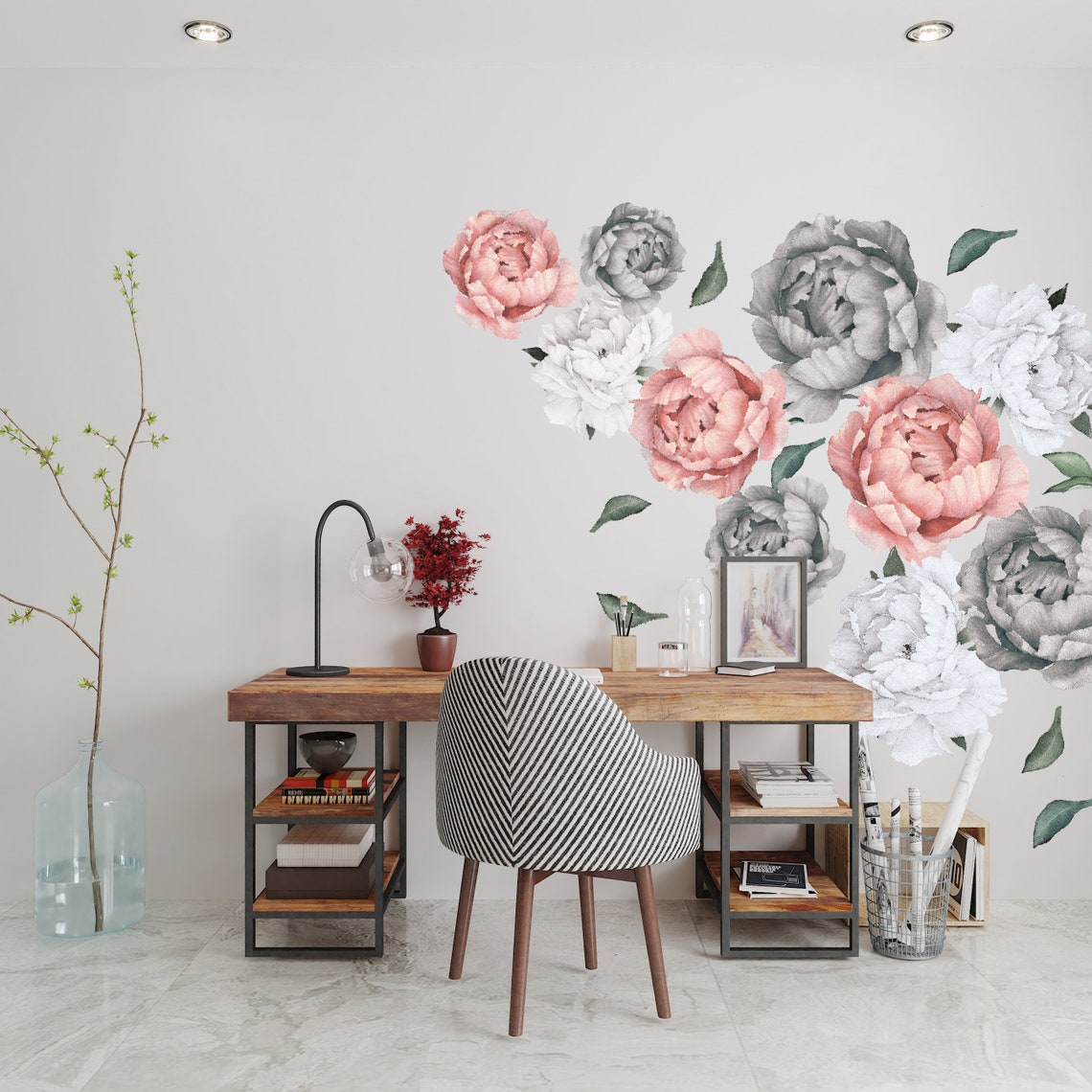 Peonies Wall Decal, Large Peony Decal, Floral Wall Decal, Mix: Gray ...