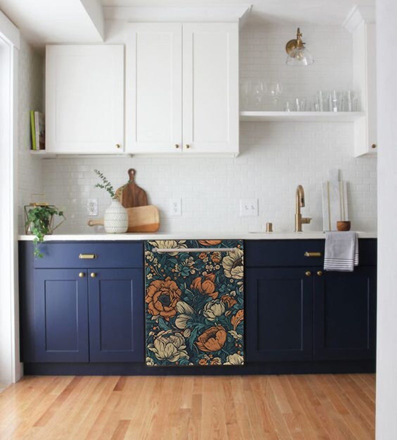 Dishwasher magnetic cover with floral pattern on the dark background.