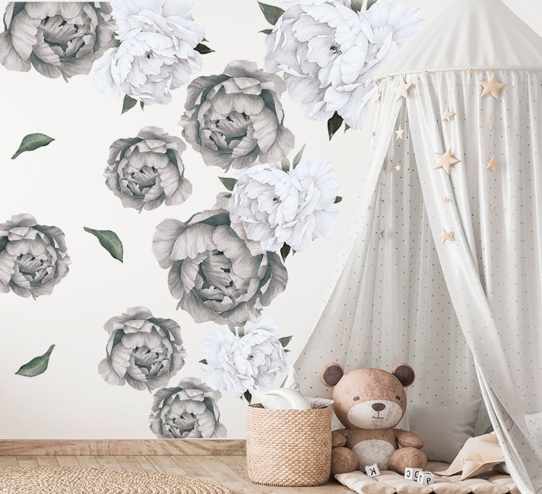 Peony Wall Decal, Gray Floral Wall Decals, Baby Room Décor, Gray Flower