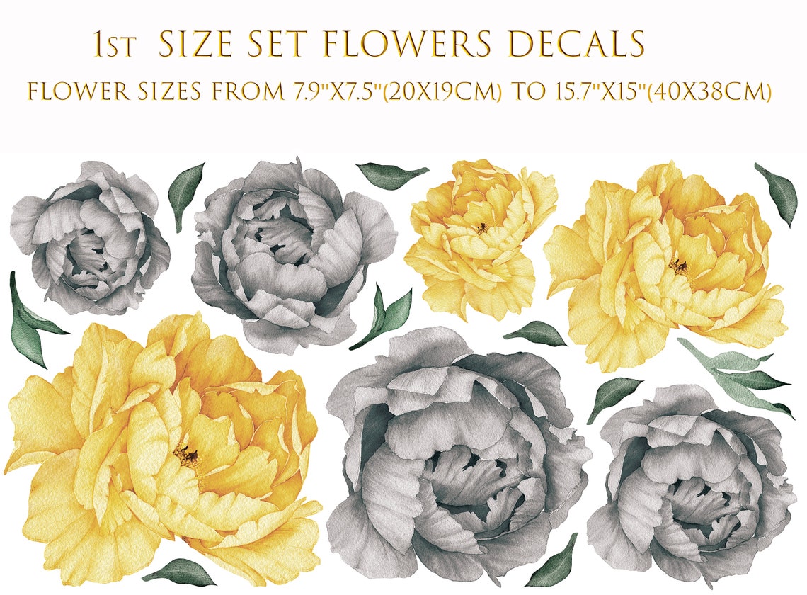Large Grey and Yellow Flower Wall Decals Peony Wall Decals Etsy