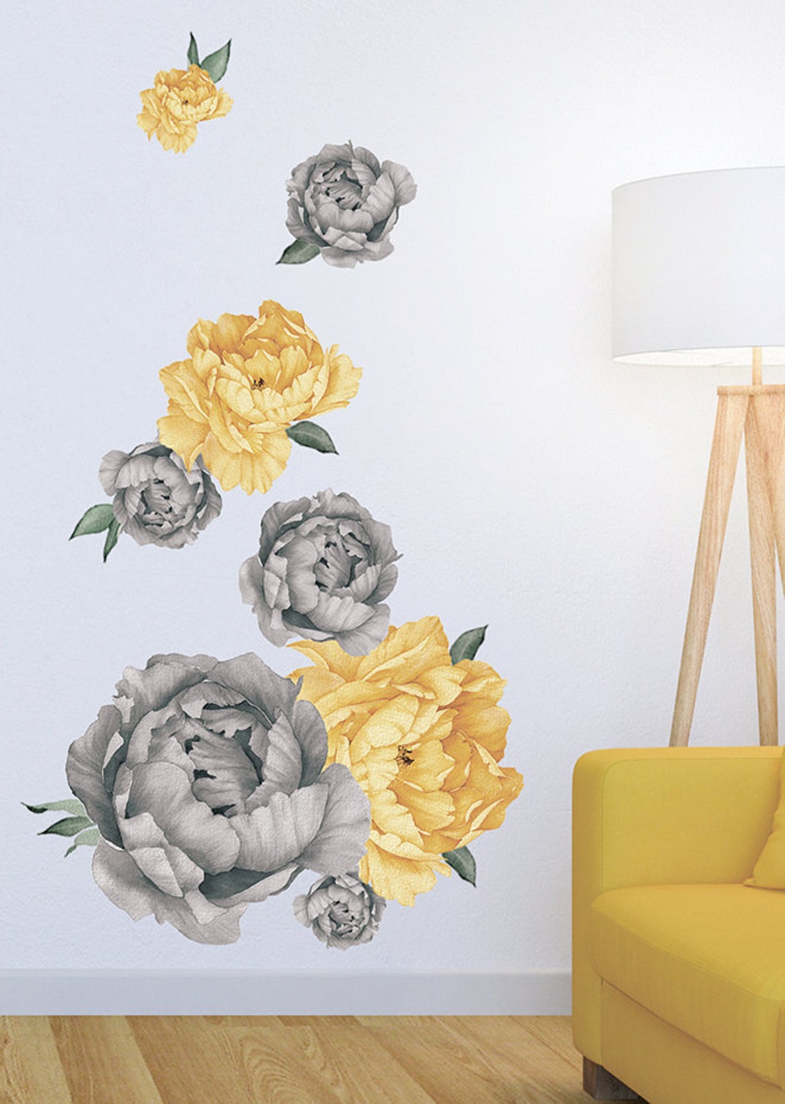 Large Grey and Yellow Flower Wall Decals Peony Wall Decals Etsy