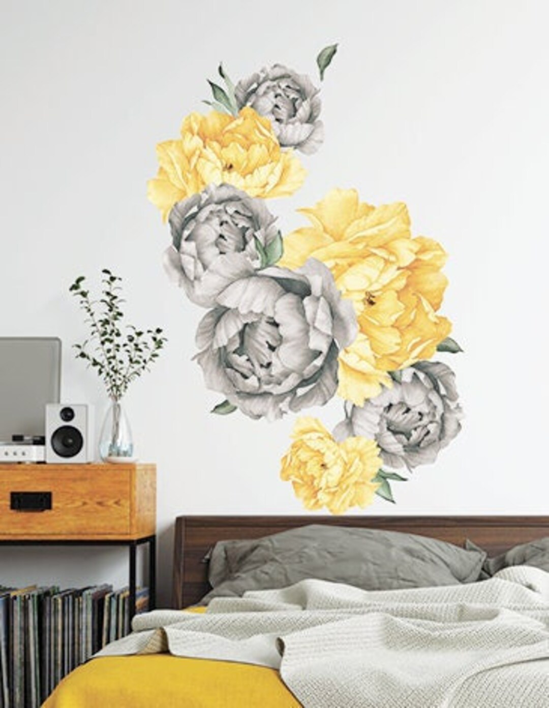 Large Grey and Yellow Flower Wall Decals Peony Wall Decals Etsy