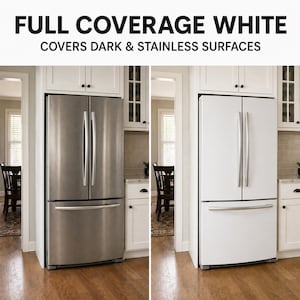May include: A side-by-side refrigerator is shown before and after a white coating is applied. The text at the top reads "FULL COVERAGE WHITE COVERS DARK & STAINLESS SURFACES". The refrigerator has stainless steel handles.