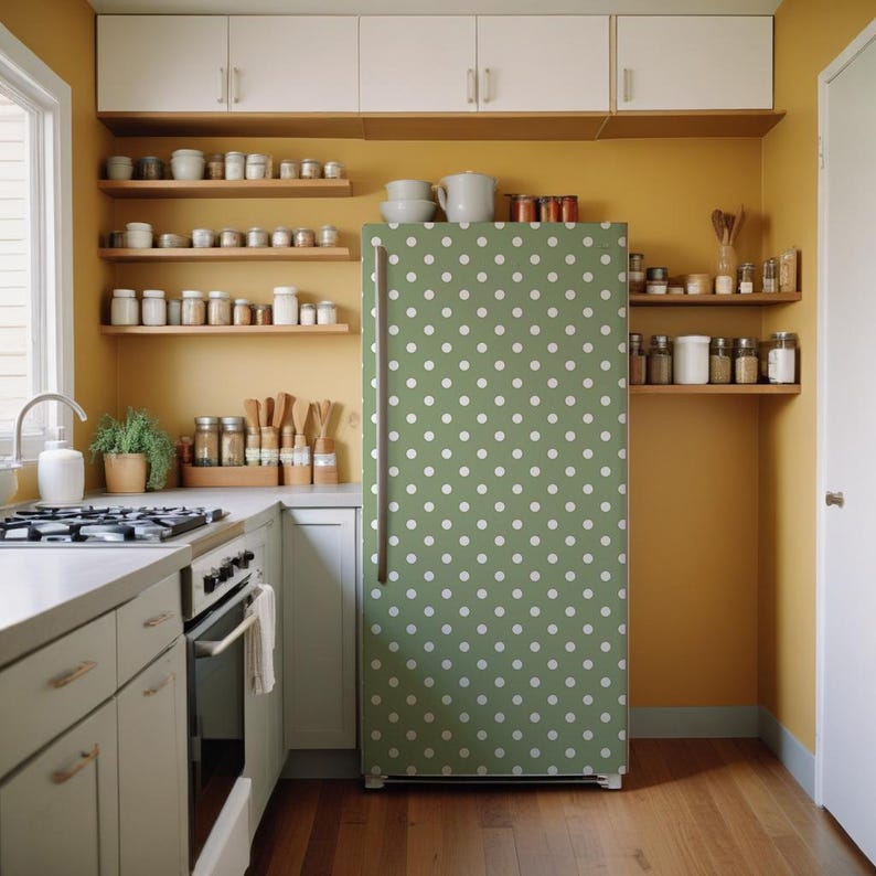 Refrigerator Vinyl Decal. Removable fridge wrap. Green kitchen decor polka dots . Fridge stickers. image 9