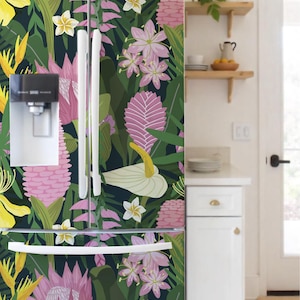 Fridge vinyl wrap floral - vibrant accent for kitchen! Fridge decal brought pink flowers, Vinyl Fridge Stickers Cover.