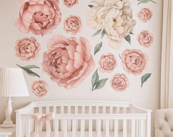 Blush Cream Peony Floral Wall Decals for Nursery – Large Removable Flower Stickers