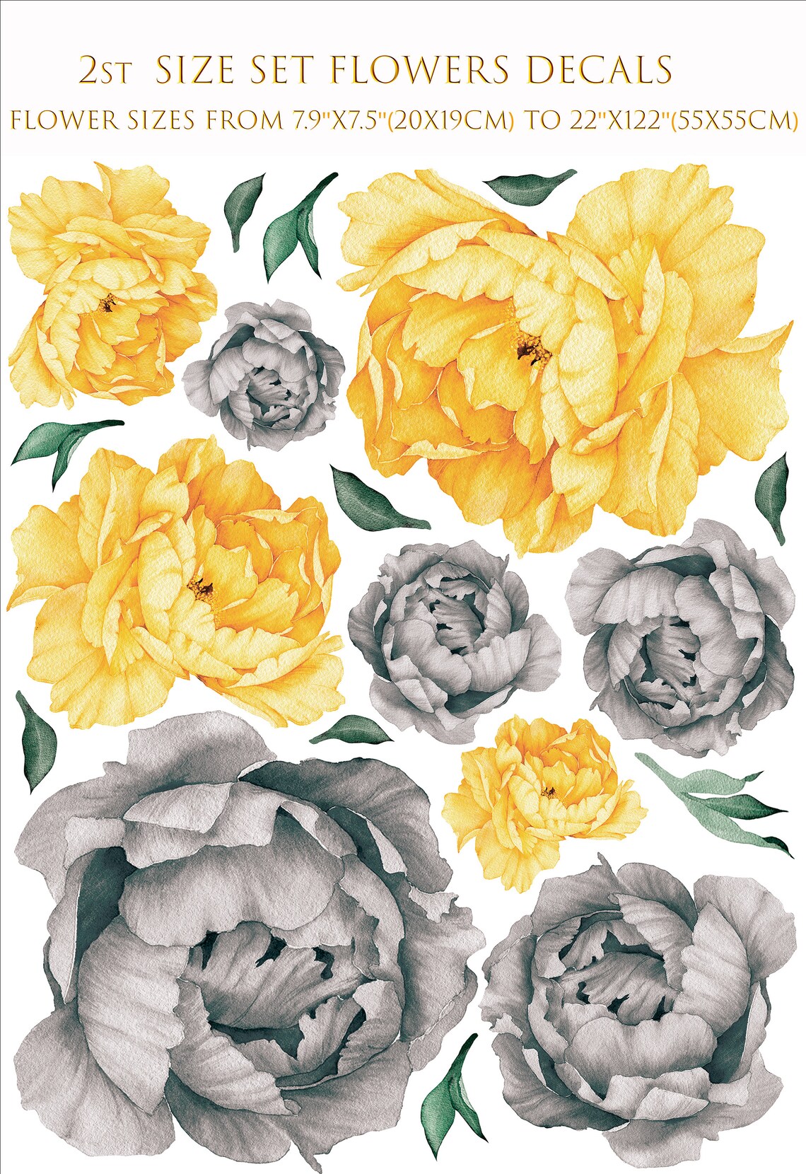 Large Grey and Yellow Flower Wall Decals Peony Wall Decals Etsy